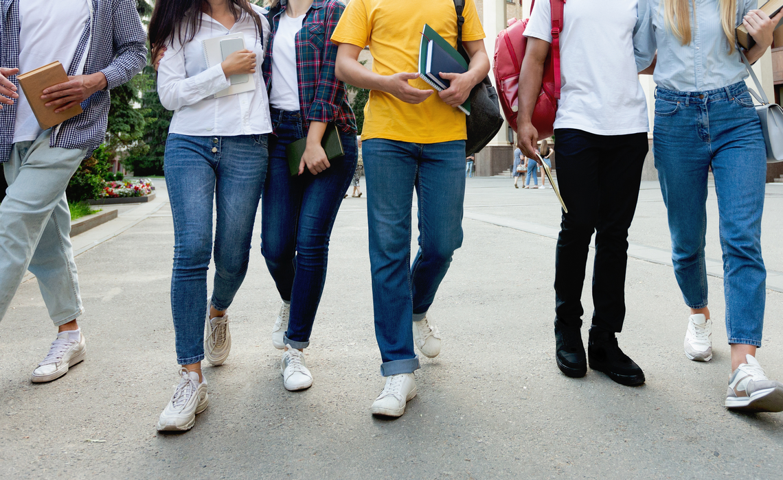 Six students walking together